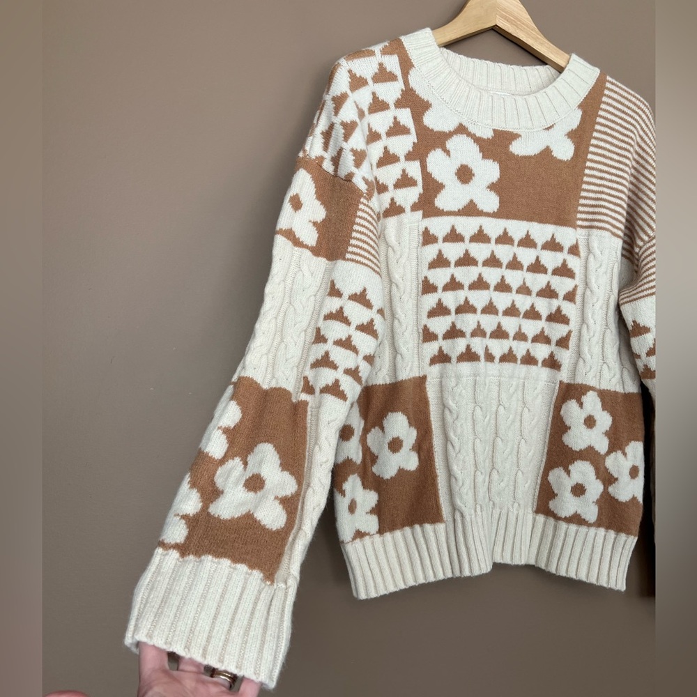 {&merci} Knit Patchwork Sweater with Floral and Cable Knit Design - Womens Small - Picture 5 of 10